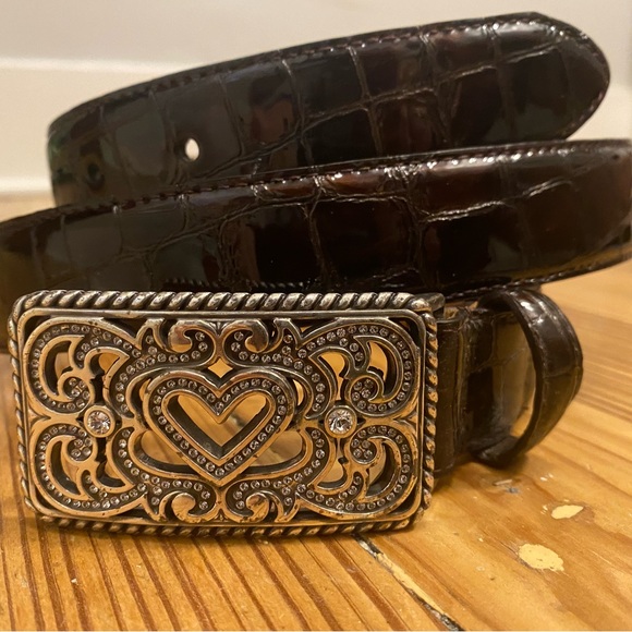 Brighton Accessories - BRIGHTON EMBOSSED PATENT LEATHER BELT W/ HEART SILVER CRYSTAL BUCKLE BLING L34